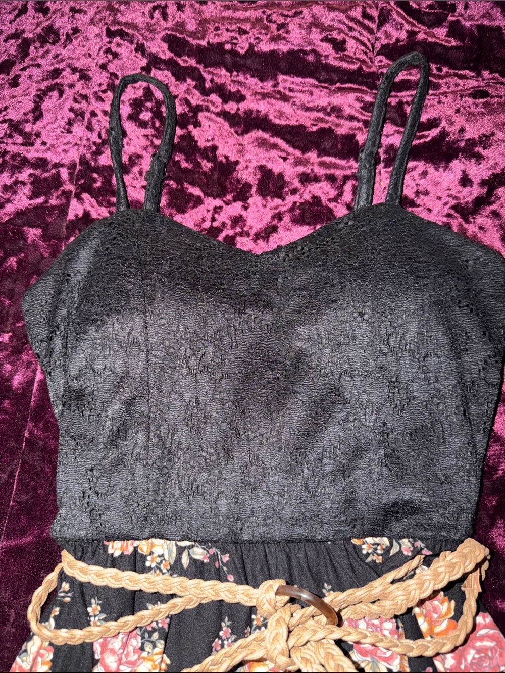 Black Floral Tiered Sundress with Rope Belt - Picture 3 of 4